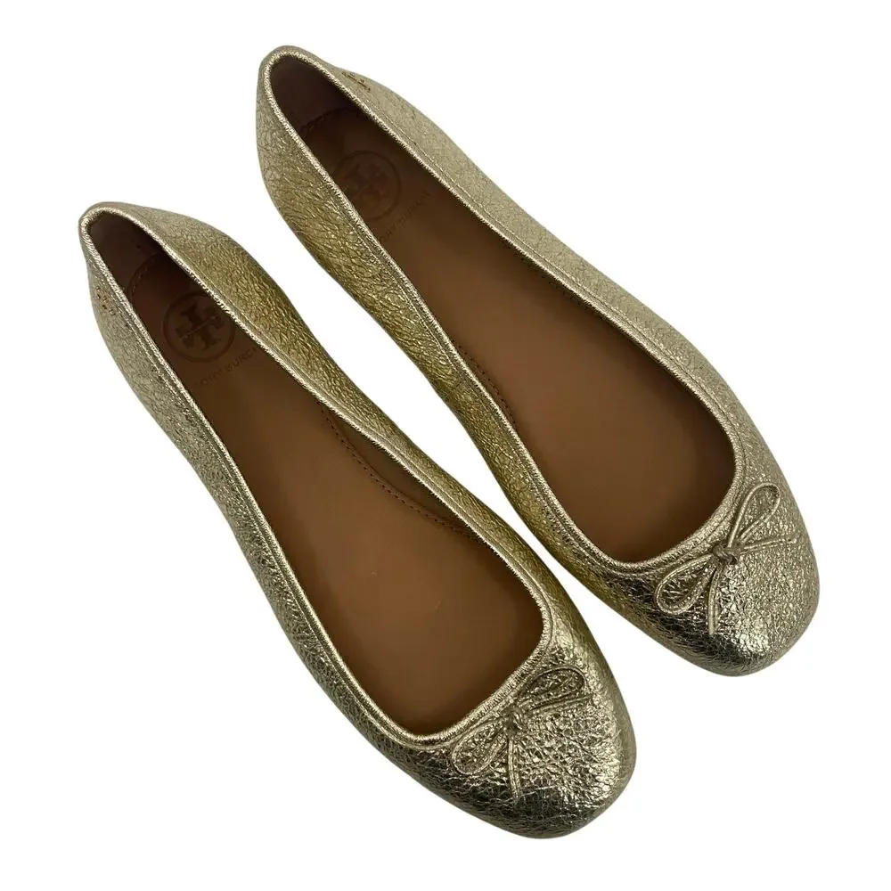TORY BURCH Laila 2 Driver 7.5 Flats Crinkle Sparkle Gold Shoes Bow Leather